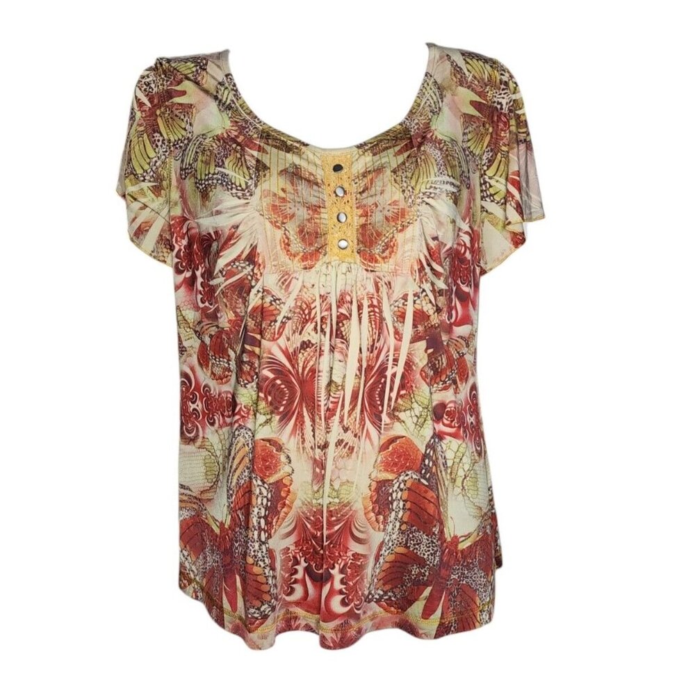 One World Top Womens Plus Size 1X Red Tan Butterfly Sublimation Pullover Artsy